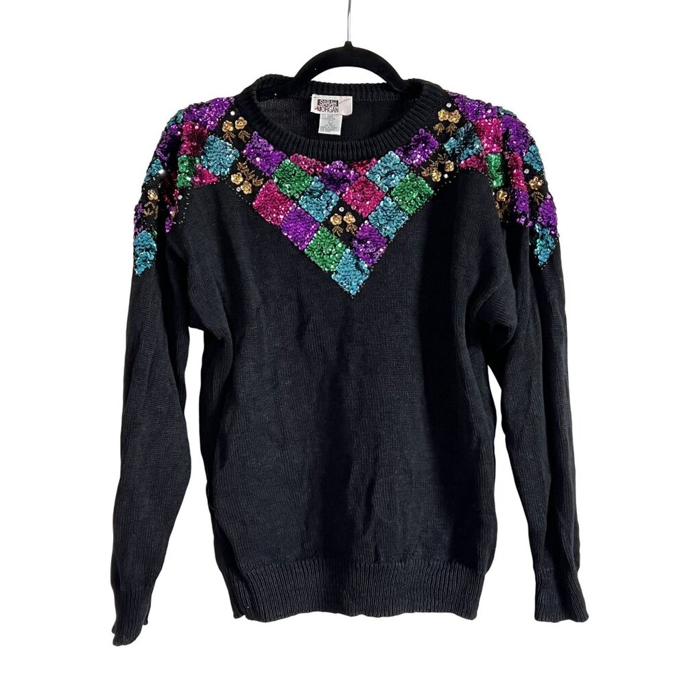 Sarah Morgan Vintage Sequin Sweater L Black Multicolor Ramie Cotton Blend